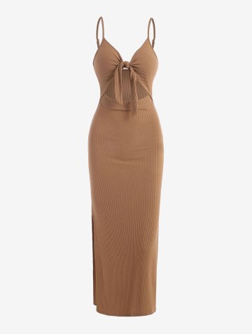 Ribbed Knot Cutout Split Side Slinky Maxi Dress