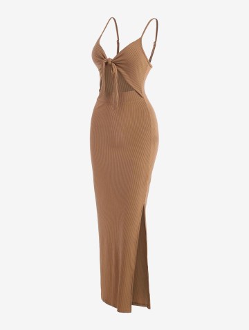 Ribbed Knot Cutout Split Side Slinky Maxi Dress