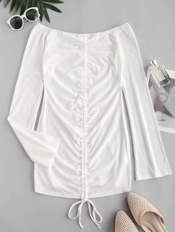 Ribbed Off Shoulder Cinched Front Dress