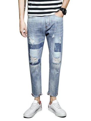 Ripped Geometric Print Light Wash Jeans