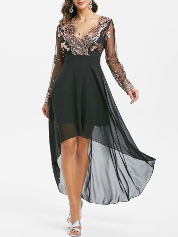 Sequined Mesh Panel High Low Chiffon Prom Dress