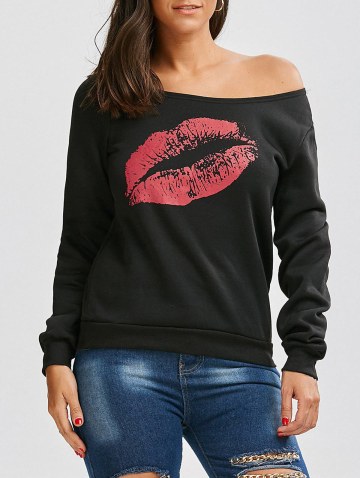 Skew Collar Lip Print Sweatshirt