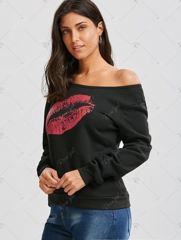 Skew Collar Lip Print Sweatshirt