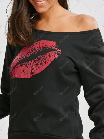 Skew Collar Lip Print Sweatshirt