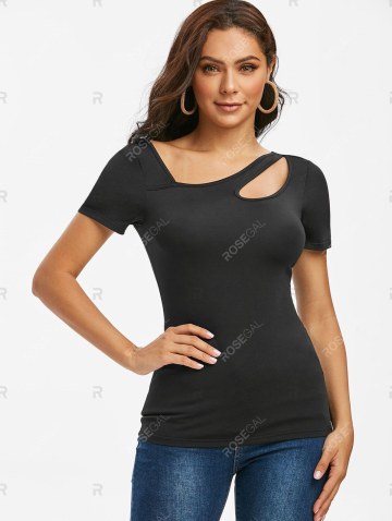 Skew Neck Cut Out Plain T-shirt
