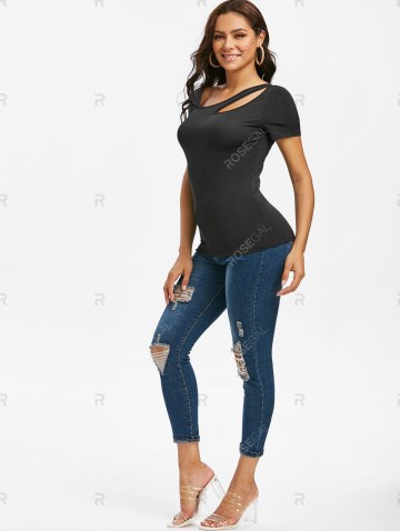 Skew Neck Cut Out Plain T-shirt