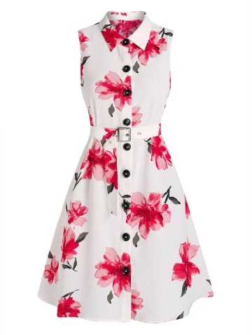 Sleeveless Flower Print Belted Shirt Dress