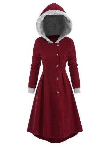 Snap Button Fur Trim Hooded High Low Coat
