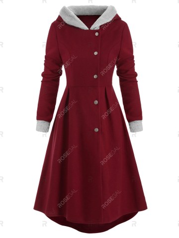 Snap Button Fur Trim Hooded High Low Coat