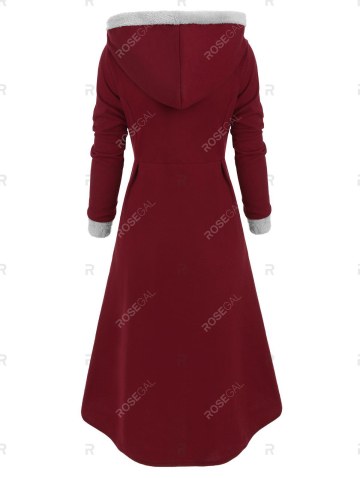 Snap Button Fur Trim Hooded High Low Coat