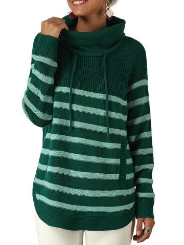 Striped Turtleneck Drawstring Pocket Sweater