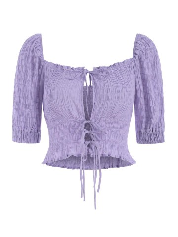 Tie Front Pleated Smocked Puff Sleeve Milkmaid Blouse