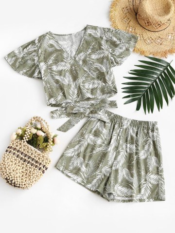 Tropical Leaf Print Surplice Two Piece Shorts Set