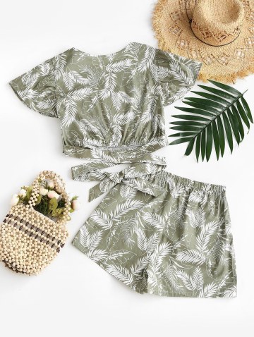 Tropical Leaf Print Surplice Two Piece Shorts Set