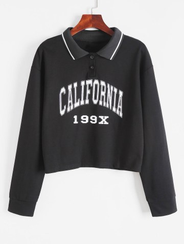 Turn-down Collar Buttoned Graphic Preppy Cropped Sweatshirt