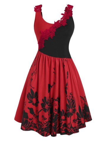 Two Tone Crochet Lace Panel Floral Dress