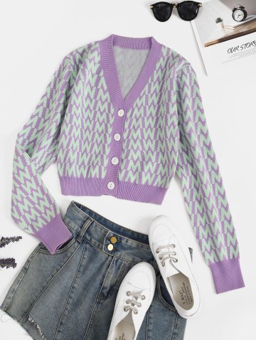 V Neck Button Up Dazzling Graphic Cardigan