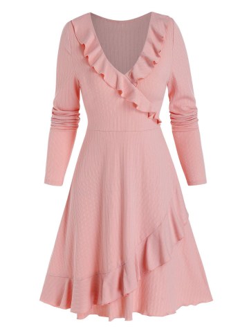 V Neck Ruffled Trim Mini A Line Dress