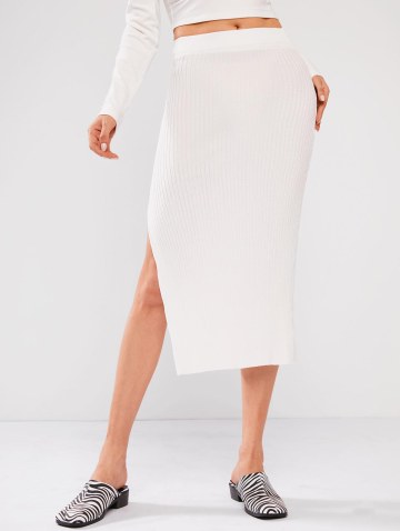 Wide Rib Thigh-split Knit Slinky Skirt