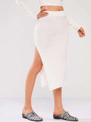Wide Rib Thigh-split Knit Slinky Skirt